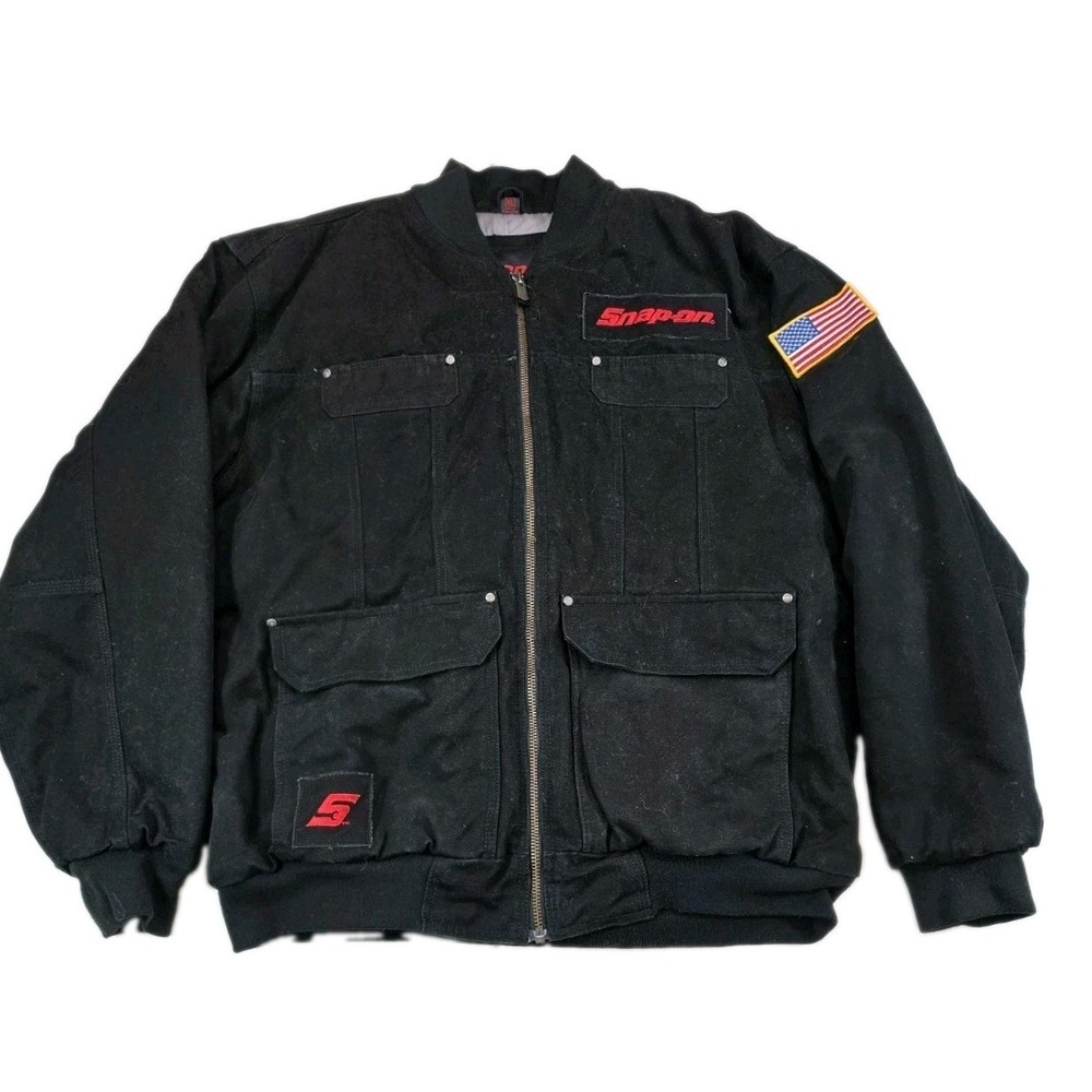 Snap On Tools Jacket Mens XL Black Canvas Zip Workwear Quilt Lined Flag